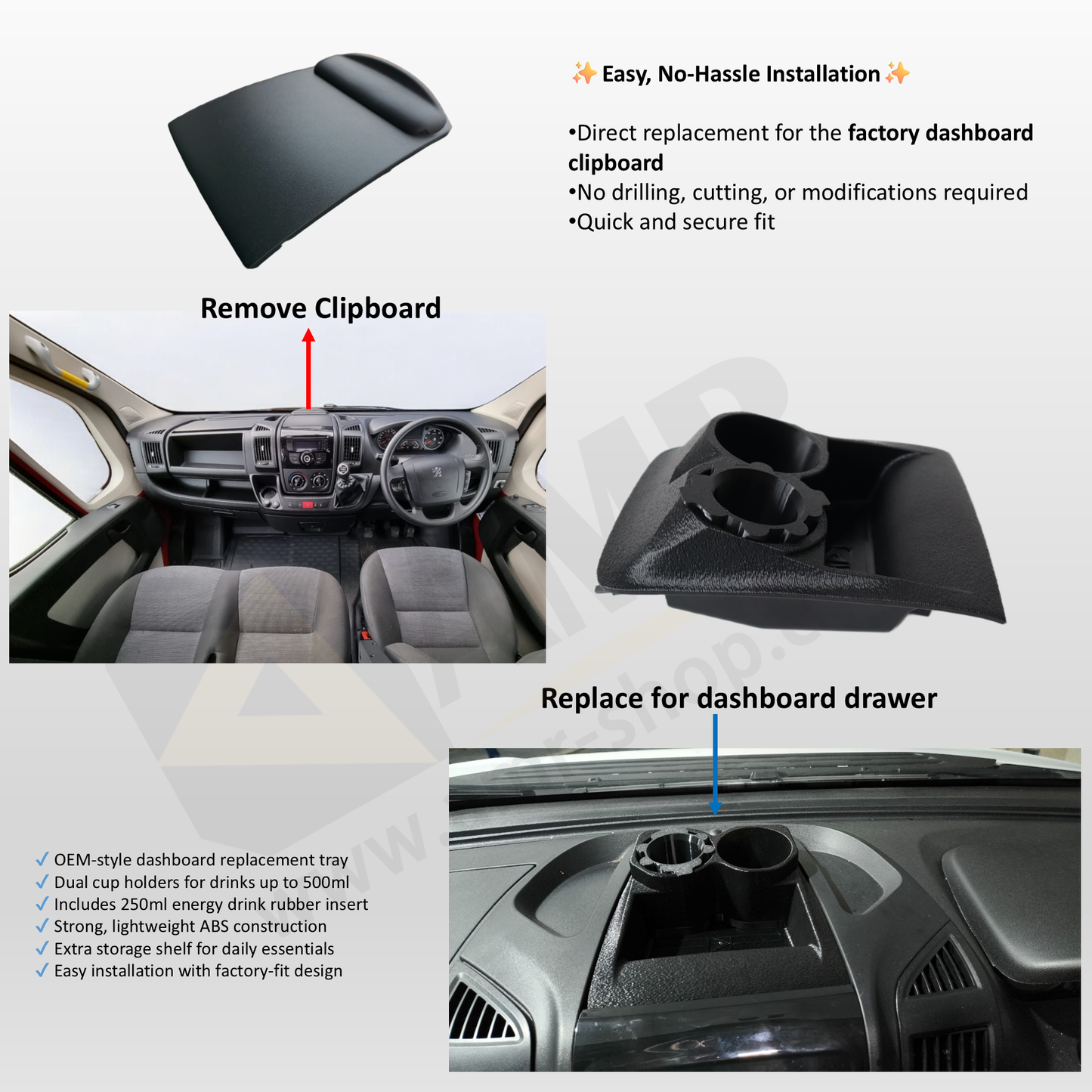 Dashboard Tray with Dual Cup Holder & Storage Peugeot Boxer, Citroen Relay, Fiat Ducato 2014+