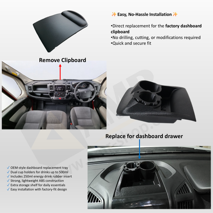 Dashboard Tray with Dual Cup Holder & Storage Peugeot Boxer, Citroen Relay, Fiat Ducato 2014+