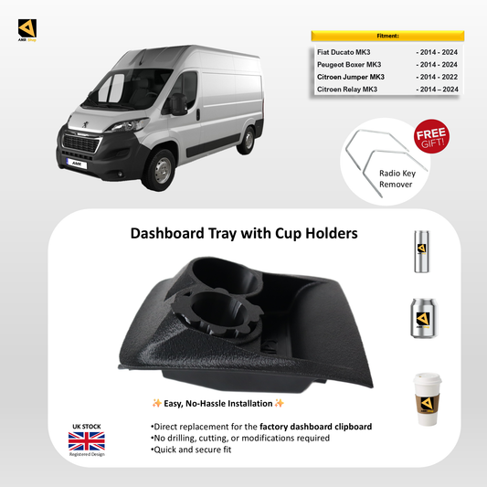 Dashboard Tray with Dual Cup Holder & Storage Peugeot Boxer, Citroen Relay, Fiat Ducato 2014+