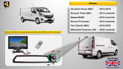Reversing Camera & 7" Monitor for Vauxhall Vivaro MK3, Renault Trafic MK3 2014