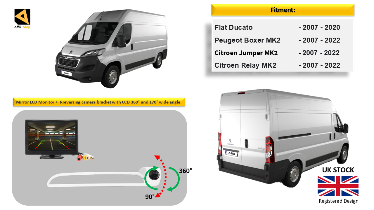 Reversing Camera & 5" Monitor For Peugeot Boxer, Citroen Relay, Citroen Jumper, Fiat Ducato 2007 - 2022 (White)