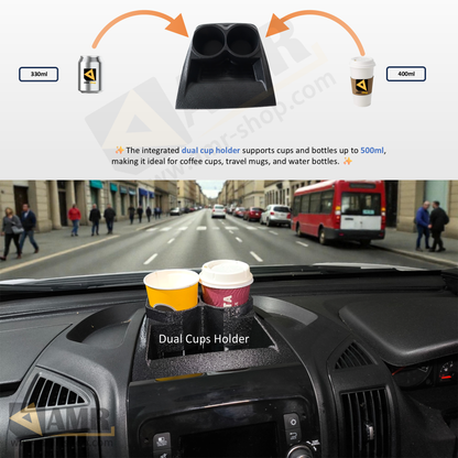 Dashboard Tray with Dual Cup Holder & Storage Peugeot Boxer, Citroen Relay, Fiat Ducato 2014+